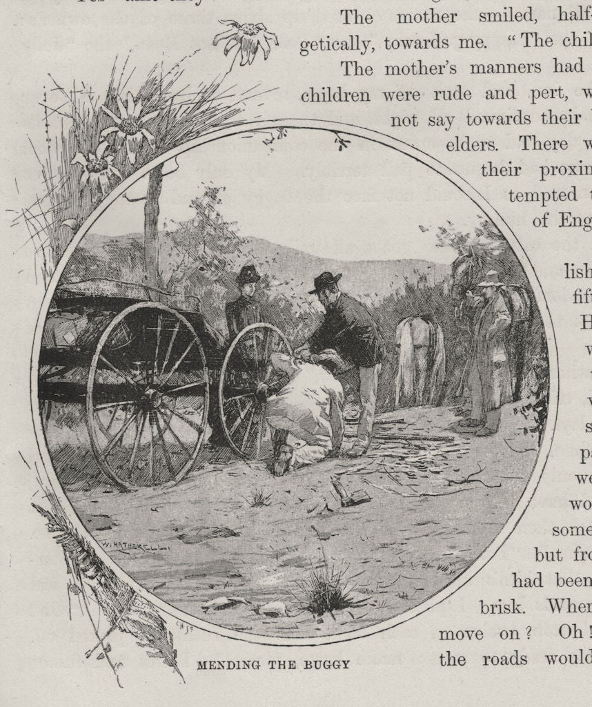 Mending the Buggy. Australia 1890 old antique vintage print picture